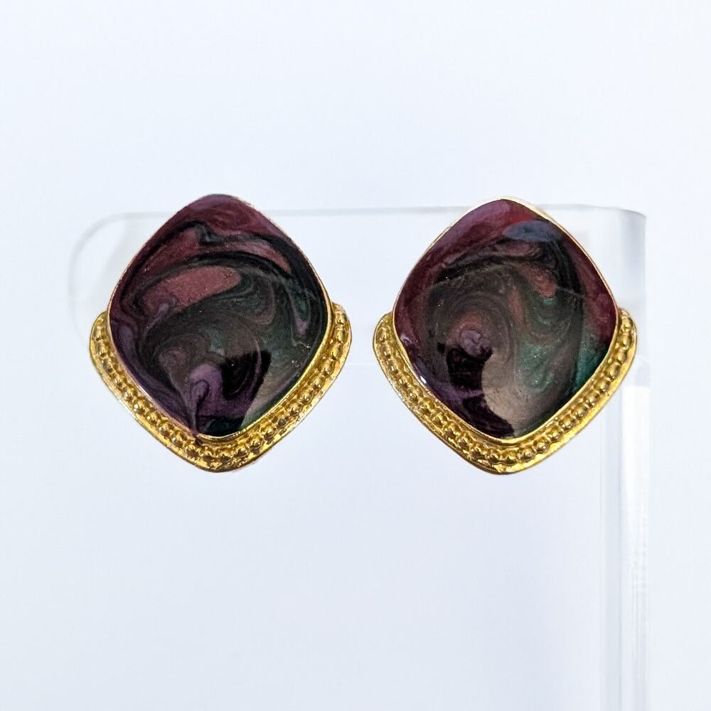Vintage Clip On Earrings Statement Red/Green/Purple Enamel & Gold Tone